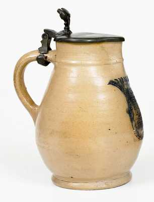 Incised Stoneware Pitcher with Pewter Lid, Northeastern U.S. origin