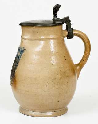 Incised Stoneware Pitcher with Pewter Lid, Northeastern U.S. origin