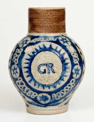 Westerwald Stoneware "GR" Jug w/ Incised Decoration, c1740