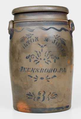 3 Gal. HAMILTON & JONES / GREENSBORO, PA Stoneware Jar with Stencilled Decoration