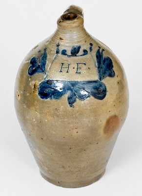 Fine and Unusual 1 Gal. Stoneware Jug Incised "H. F.," Manhattan, circa 1800