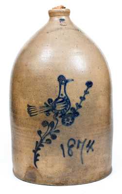 Rare W. ROBERTS BINGHAMTON 5 Gal. Stoneware Jug w/ Slip-Trailed Bird Dated 1874
