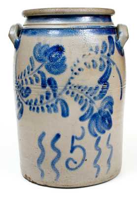 5 Gal. HAMILTON / GREENSBORO Stoneware Jar w/ Profuse Cobalt Floral Decoration
