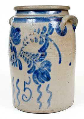 5 Gal. HAMILTON / GREENSBORO Stoneware Jar w/ Profuse Cobalt Floral Decoration