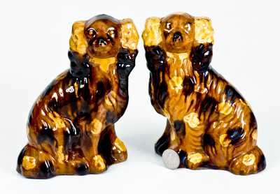 Fine Pair of Redware Spaniels with Yellow and Brown Splotches