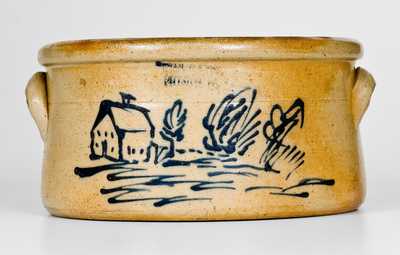 EVAN R JONES / PITTSTON, PA Stoneware Butter Crock with Cobalt House Scene