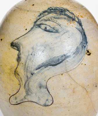 Fine Stoneware Jug w/ Large Folky Incised Man s Head Decoration, Northeastern US, c1800