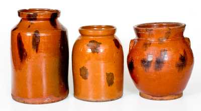 Lot of Three: Northeastern Redware Jars with Manganese Splotches