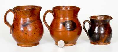 Lot of Three: Small-Sized New England Redware Pitchers w/ Manganese Decoration