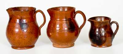Lot of Three: Small-Sized New England Redware Pitchers w/ Manganese Decoration