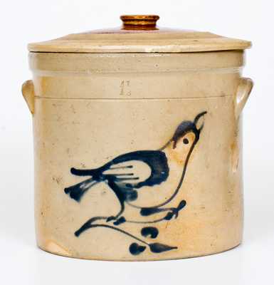 1 1/2 Gal. Stoneware Lidded Crock with Bird Decoration att. Fulper Pottery, Flemington, NJ