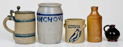 Lot of Five: Assorted Pottery incl. Stoneware Anchovis Jar, Mug, Miniature Redware Jug