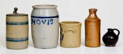 Lot of Five: Assorted Pottery incl. Stoneware Anchovis Jar, Mug, Miniature Redware Jug