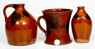 Lot of Three: New England Redware Jug, Mug, and Flask with Manganese Splotches