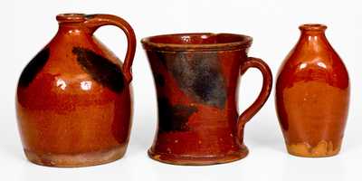 Lot of Three: New England Redware Jug, Mug, and Flask with Manganese Splotches