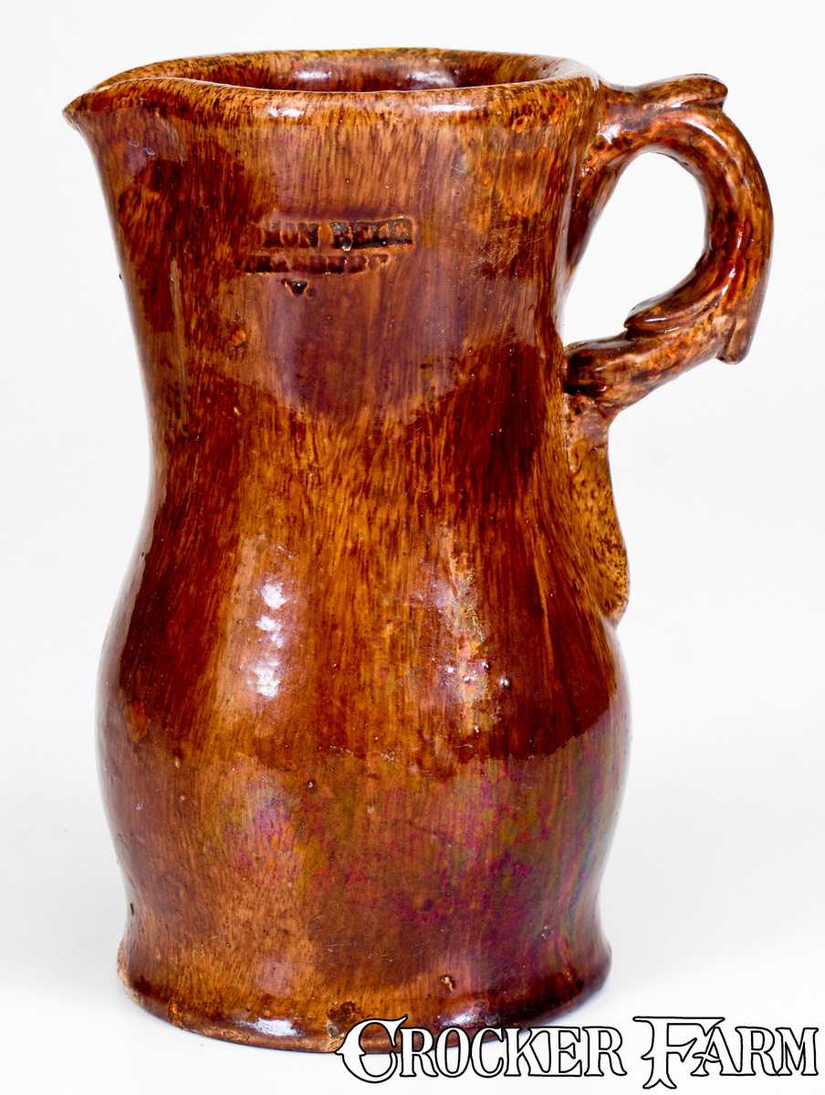 Rare SOLOMON BELL / STRASBURG, VA Redware Pitcher with Molded Handle ...