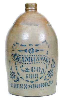 J. HAMILTON & CO. / GREENSBORO, PA Stoneware Jug with Stenciled Shield Motif