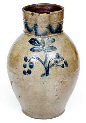 Fine Two-Gallon Early CT Stoneware Pitcher with Incised Grapes Decoration