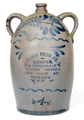 Four-Gallon Double-Handled Stoneware Jug with Wheeling, WV Advertising