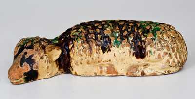 Exceedingly Rare Shenandoah Valley Multi-Glazed Redware Lamb Doorstop, Eberly, Strasburg, VA