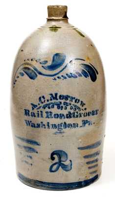 A.C. Morrow. / Rail Road Grocer / Washington, Pa. Stoneware Jug