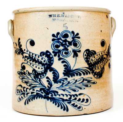 5 Gal. WM E. WARNER / WEST-TROY Stoneware Crock w/ Elaborate Slip-Trailed Decoration