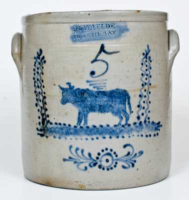 Outstanding 5 Gal. J. C. WAELDE / NORTH BAY Stoneware Crock with Elaborate Cow Decoration