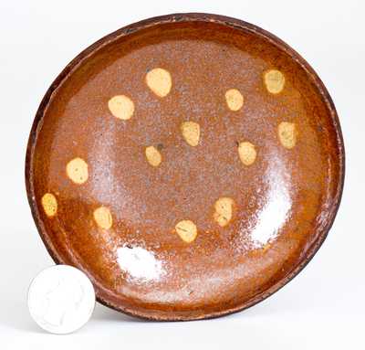 Small-Sized Pennsylvania Redware Dish with Yellow Slip Decoration