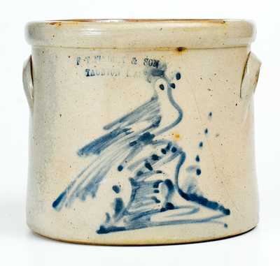 F. T. WRIGHT & SON / TAUNTON, MASS. Stoneware Crock w/ Bird-on-Stump Decoration