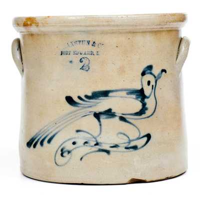 2 Gal. HAXSTUN & CO. / FORT EDWARD, NY Stoneware Crock w/ Bird Decoration