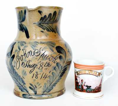 Rare and Important Remmey, Philadelphia Stoneware Presentation Pitcher w/ Occupational Shaving Mug