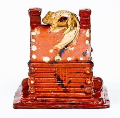 Very Rare Redware Log Cabin Bank, Thomas Haig, Philadelphia, PA, Dated 1852