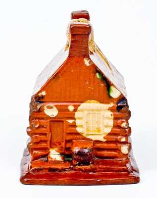 Very Rare Redware Log Cabin Bank, Thomas Haig, Philadelphia, PA, Dated 1852