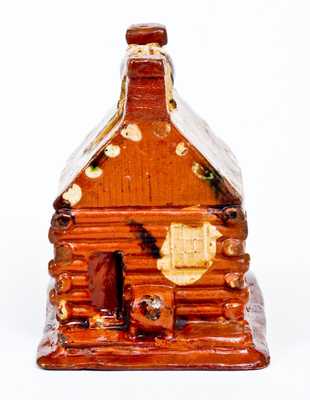 Very Rare Redware Log Cabin Bank, Thomas Haig, Philadelphia, PA, Dated 1852