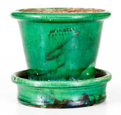 Exceptional JOHN BELL / WAYNESBORO Green Copper-Glazed Redware Flowerpot