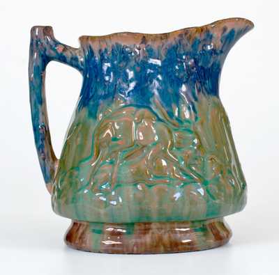 JOHN BELL / WAYNESBORO Redware Hunt Scene Pitcher with Three-Color Glaze