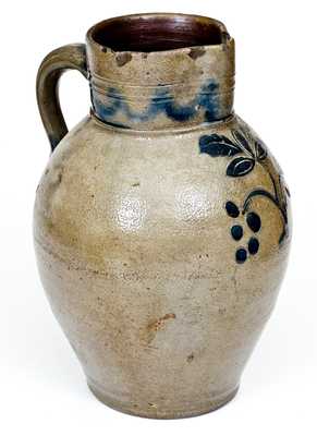 Fine Two-Gallon Early CT Stoneware Pitcher with Incised Grapes Decoration