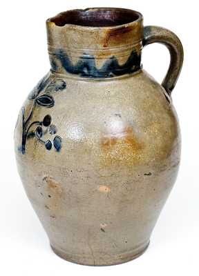 Fine Two-Gallon Early CT Stoneware Pitcher with Incised Grapes Decoration