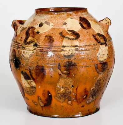 Extremely Rare Solomon Loy (Alamance Co, NC) Redware Sugar Pot w/ Two-Color Decoration, c1800-30