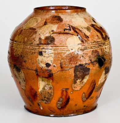 Extremely Rare Solomon Loy (Alamance Co, NC) Redware Sugar Pot w/ Two-Color Decoration, c1800-30