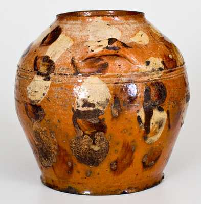 Extremely Rare Solomon Loy (Alamance Co, NC) Redware Sugar Pot w/ Two-Color Decoration, c1800-30