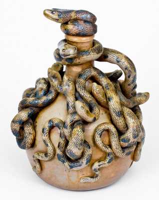 Anna Pottery Masterpiece, Salt-Glazed Stoneware Snake Jug Inscribed 8 to 7, Wallace and Cornwall Kirkpatrick, 1877