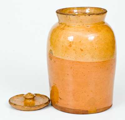 Galena, IL Redware Pottery Preserve Jar w/ Lid, Yellow Dip