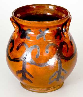 Outstanding Redware Jar with Rope Handles att. David Mandeville, Circleville, NY, c1830