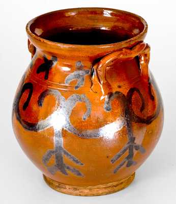 Outstanding Redware Jar with Rope Handles att. David Mandeville, Circleville, NY, c1830