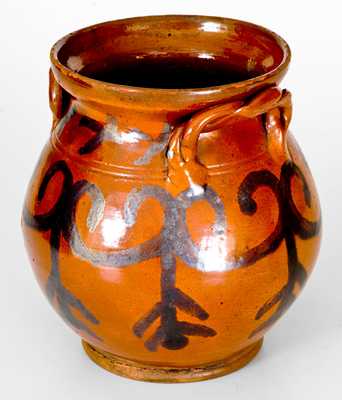 Outstanding Redware Jar with Rope Handles att. David Mandeville, Circleville, NY, c1830