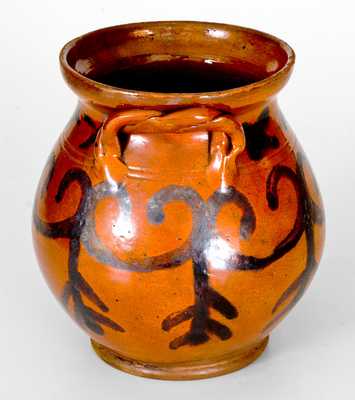 Outstanding Redware Jar with Rope Handles att. David Mandeville, Circleville, NY, c1830