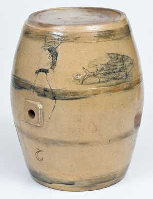 Very Rare Ohio Stoneware Cooler w/ Incised Gentleman s Profile and Fish Motifs, c1830