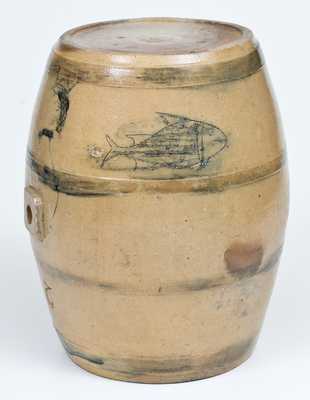 Very Rare Ohio Stoneware Cooler w/ Incised Gentleman s Profile and Fish Motifs, c1830