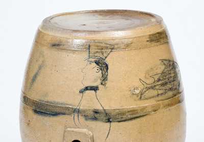Very Rare Ohio Stoneware Cooler w/ Incised Gentleman s Profile and Fish Motifs, c1830